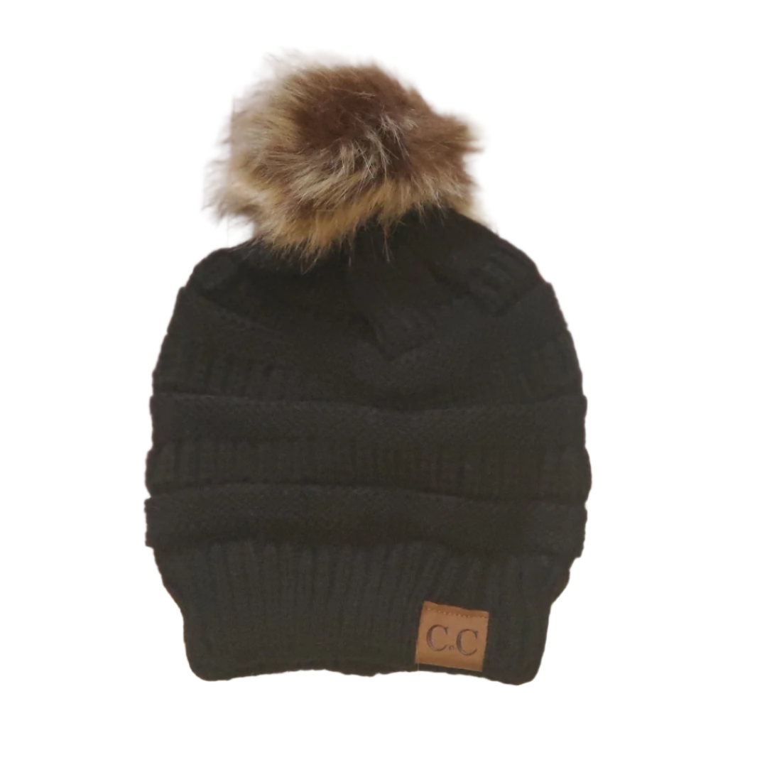 Satin Lined Beanie Cap w/ Pom Pom